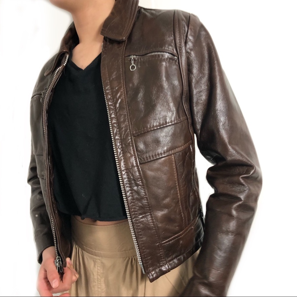 Vintage brown moto biker crop leather jacket